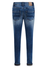 Mörkblå denimjeans med slitna detaljer, slim fit-design, fem fickor och uppvikta benslut. Har en beige etikett på bakfickans midja.