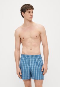 Modre kratke kopalke s karirastim vzorcem in elastičnim pasom. Iz lahkega materiala, z gumbom spredaj ter vertikalnimi in horizontalnimi črtami.