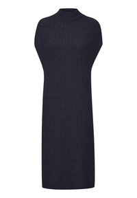 Strickkleid in Dunkelblau mit hohem Ausschnitt, weiten Armöffnungen und lockerer Passform. Strukturiertes Material und knielange Gestaltung.