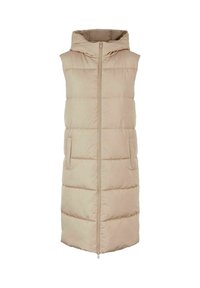 Béžová prošívaná vesta s kapucí, která má plný přední zip, boční kapsy a prošívaný design. Hladký, lehký materiál.