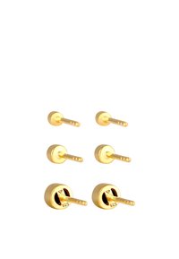 Goldfarbene Ohrstecker aus Metall mit runden Formen und Steckdesign. Auffällige Markierungen sind ein "925"-Stempel auf zwei Teilen.