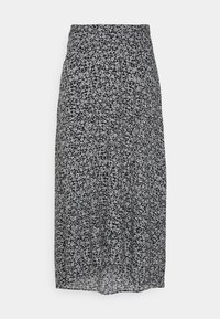 Falda midi negra con estampado de flores blancas pequeñas, cinturilla ajustada, tejido ligero y una silueta fluida con un dobladillo ligeramente transparente.