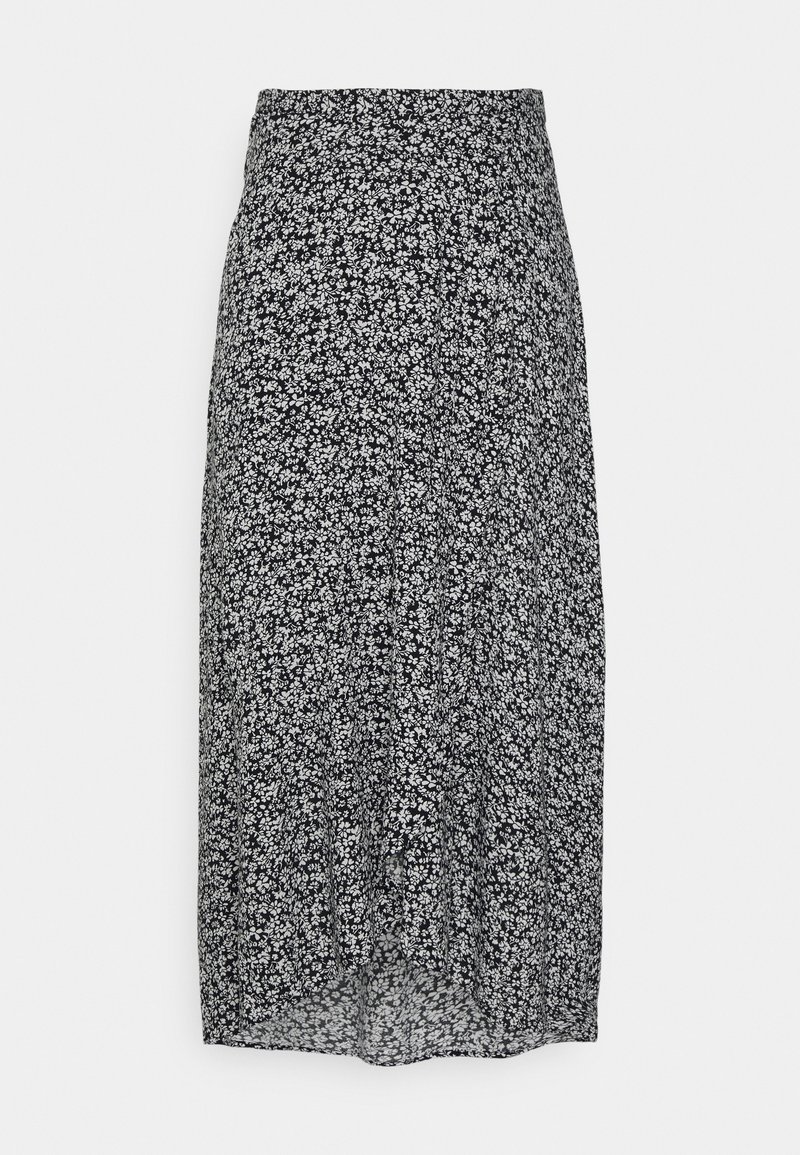 Falda midi negra con estampado de flores blancas pequeñas, cinturilla ajustada, tejido ligero y una silueta fluida con un dobladillo ligeramente transparente.