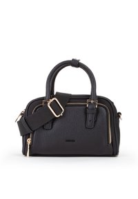 Borsa in pelle nera con texture, due manici superiori, tracolla rimovibile, hardware in tono oro e scompartimenti con zip.