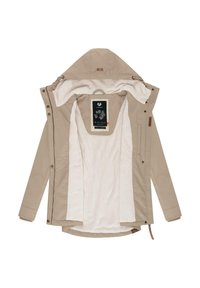 Beige jacka med huva och knäppningar, med en mjuk vit foder, en hängtagg inuti och en slät yttre textur.
