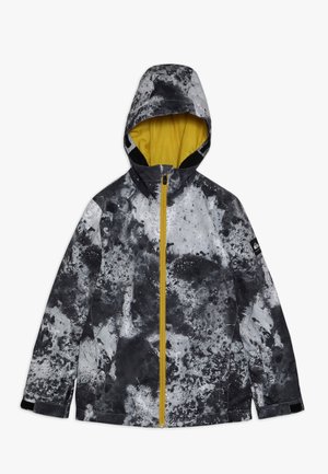 Schwarz-weiß marmorierte Kapuzenjacke mit einem gelben Reißverschluss und gelber Kapuzenfutter, langen Ärmeln und einem kleinen Logo am linken Arm.