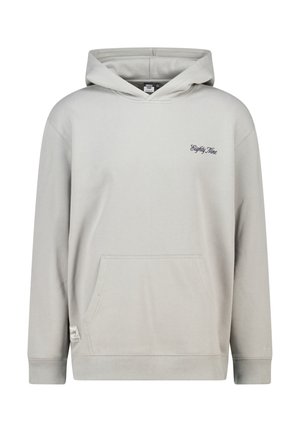 Lichtgrijze hoodie van zachte stof, met een voorzak, geribbelde manchetten en de tekst "Eighty Nine" geborduurd op de linkerborst.