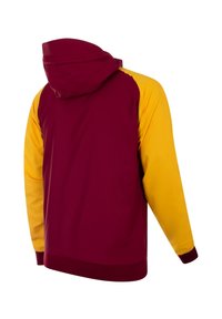 Hoodie met een bordeauxrode basis en gele mouwen. Glad textuur met ribbels aan de boorden en de zoom. Geen zichtbare logo's of patronen.