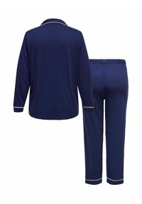 Mörkblå pyjamas set med långärmad skjorta som har vit pipad krage och ärmslut; matchande byxor med elastisk midja och rak bendesign.