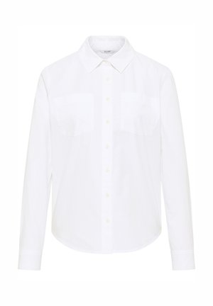 White long-sleeve shirt made of cotton, featuring a pointed collar, button closure, and two chest pockets with flaps.