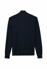 Pull marin, à manches longues, avec col et poignets côtelés, texture tricotée, couleur unie, sans logos ni motifs visibles, vue arrière affichée.