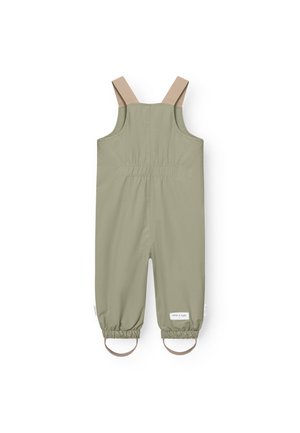 Lys grønne, vandtætte overalls med justerbare beige stropper, elastiske mansjetter og et mærke på siden. Glat tekstur, afslappet design.