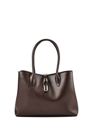 Dunkelbraune Lederhandtasche mit zwei Griffen und einem silbernen Verschluss auf der Vorderseite vor weißem Hintergrund.