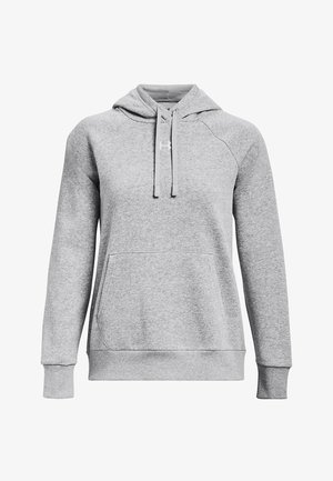 Gray hoodie made from soft, textured fabric. Features a front pocket, adjustable drawstring hood, and ribbed cuffs and hem.