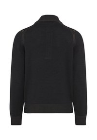 Maglione nero realizzato in materiale a maglia testurizzato, con colletto e polsini a costine e una vestibilità dritta. La vista posteriore mostra un design semplice senza ulteriori motivi.