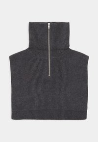 Tour de cou en maille côtelée gris charbon avec une courte fermeture éclair argentée à l'avant et un col épais plié.