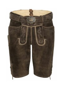 Bruine leren lederhosen shorts met decoratieve stiksels, een metalen gesp en zijzakken. De stof heeft een gestructureerde afwerking.
