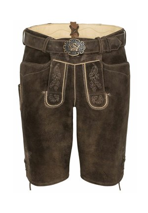 Hnědé kožené lederhosen šortky s dekorativním prošíváním, kovovou sponou a bočními kapsami. Materiál má texturovaný povrch.
