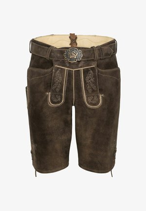 Hnědé kožené lederhosen šortky s dekorativním prošíváním, kovovou sponou a bočními kapsami. Materiál má texturovaný povrch.