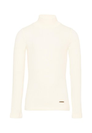 Maglione dolcevita crema a maniche lunghe con un piccolo logo metallico rettangolare vicino all'orlo inferiore.