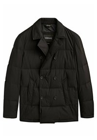 Giacca a vento nera con design doppiopetto, realizzata in tessuto trapuntato, con ampi revers e due tasche frontali.