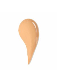 Campione di fondotinta liquido, texture cremosa, colore beige chiaro, finitura liscia, a forma di goccia, con qualità riflettenti.