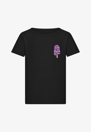 T-shirt noir avec un graphique d'un popsicle rose et le texte "C'EST LA SAISON DES GLACES !" sur la zone gauche de la poitrine.