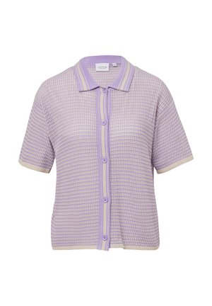 Cardigan a maniche corte in maglina lilla chiaro con un motivo testurizzato, dotato di colletto e due bottoni, con dettagli in crema.
