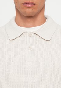 Light gray knitted polo shirt with a textured surface, featuring a classic collar and two button closure.