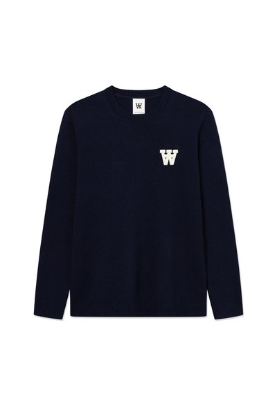 Navy blue knit sweater with a crew neckline. Features a white "W" logo on the left chest. Long sleeves with ribbed cuffs and hem.