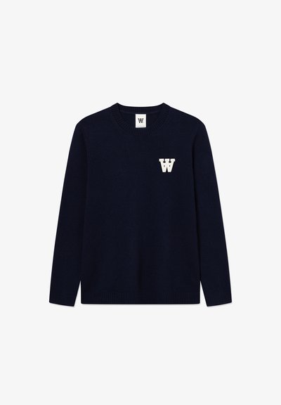 Navy blue knit sweater with a crew neckline. Features a white "W" logo on the left chest. Long sleeves with ribbed cuffs and hem.