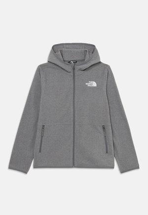 Giacca in pile grigia con zip e cappuccio, dotata di due tasche con zip e il logo The North Face sul lato sinistro del petto.