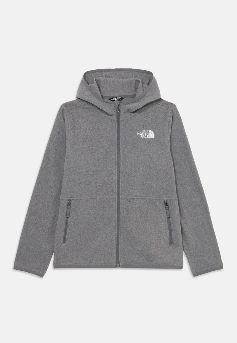 Pelēka, ar rāvējslēdzēju aizdarāma kapuce fleece jaka ar divām rāvējslēdzēja kabatām un The North Face logo kreisajā krūtīs.