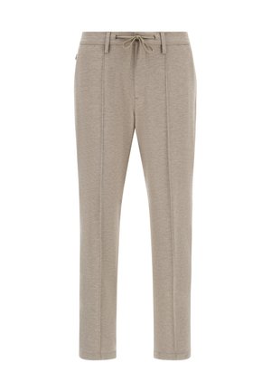 Pantalones beige claros hechos de tela suave, con cintura elástica ajustable, piernas rectas y costuras verticales para un look ajustado.