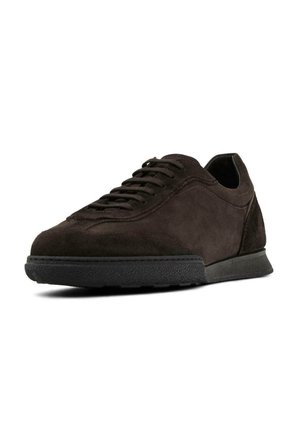 Brown suede sneaker with a low profile, round toe, and lace-up design. Features a textured black rubber sole and subtle stitching details.