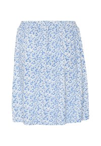 Jupe fleurie bleu clair avec des fleurs blanches, dotée d'une taille élastique. Fabriquée en tissu léger avec une texture douce.