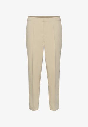 Beige kohandatud püksid sirge säärega, ees olevate volditega ja kantidega. Sile tekstuur ning nähtavaid metallosiseid või mustreid pole.