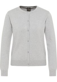 Ljusgrå cardigan i stickat tyg, med rund halsringning, långa ärmar och en knäppning framtill med fem knappar.
