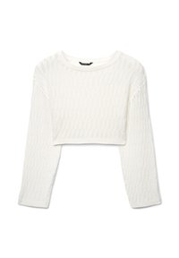 Maglione corto lavorato a uncinetto in bianco. Presenta maniche lunghe e scollo rotondo, con trama a coste e delicati motivi a trecce.