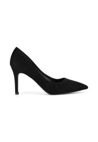 Pantofi cu toc înalt din suede negru, cu vârf ascuțit, design elegant și toc stiletto subțire. Textură netedă cu o siluetă minimalistă.