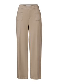 Beige volné kalhoty se hladkým povrchem, vysokým pasem a dvěma zadními kapsami. Jednoduchý design, žádné viditelné vzory nebo akcenty.