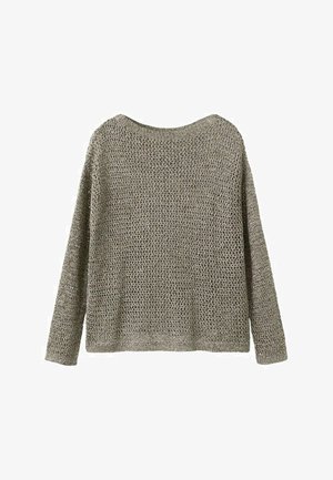 Grijze trui met lange mouwen, los gebreid, met een ronde hals en een gestructureerd opengeweven patroon.