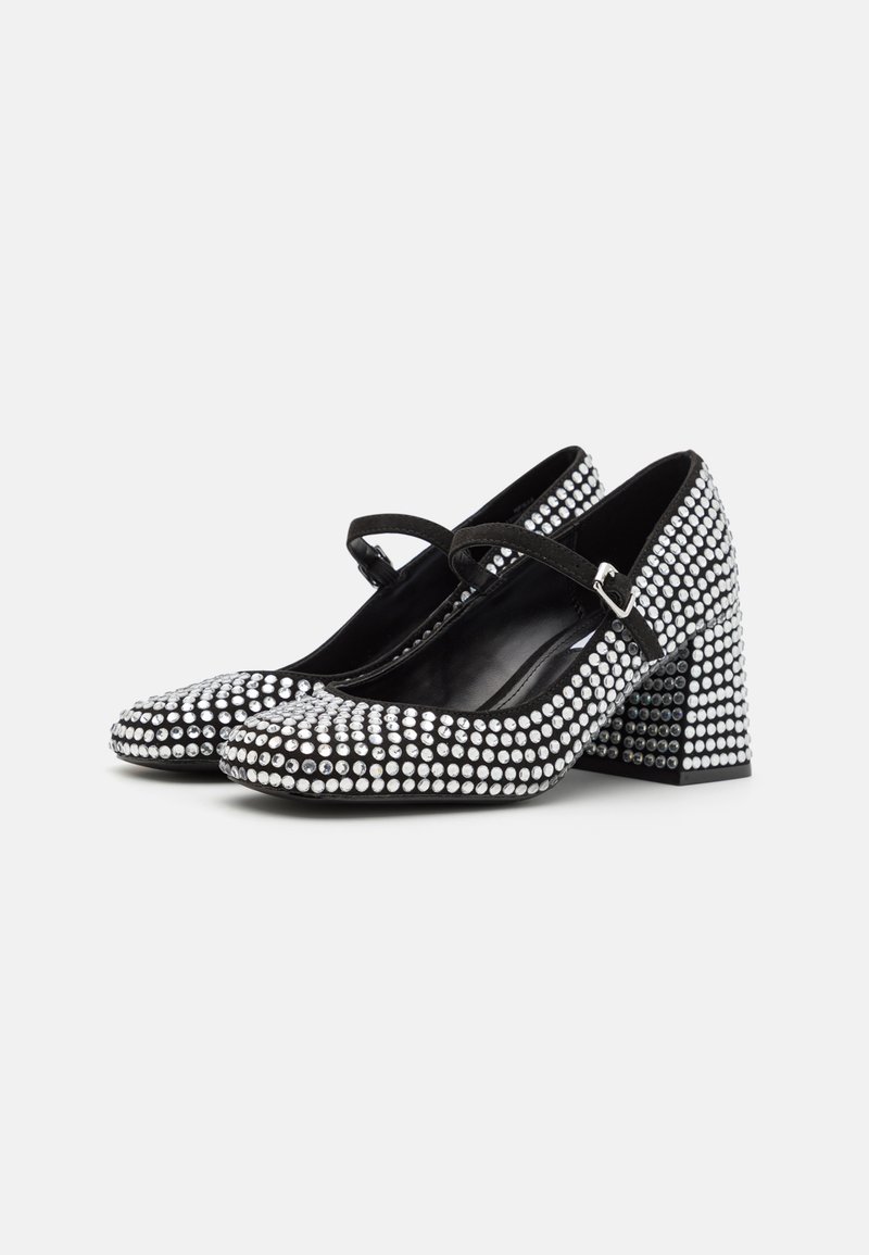 Scarpe Mary Jane in vernice nera con decorazioni in strass, punta chiusa, cinturino regolabile e tacco largo. Superficie testurizzata.