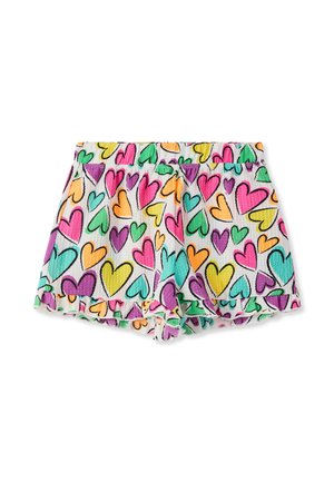 Pantaloni corti colorati con uno sfondo bianco decorato da una varietà di forme a cuore nei colori rosa, viola, verde, arancione e blu. Vita elastica.