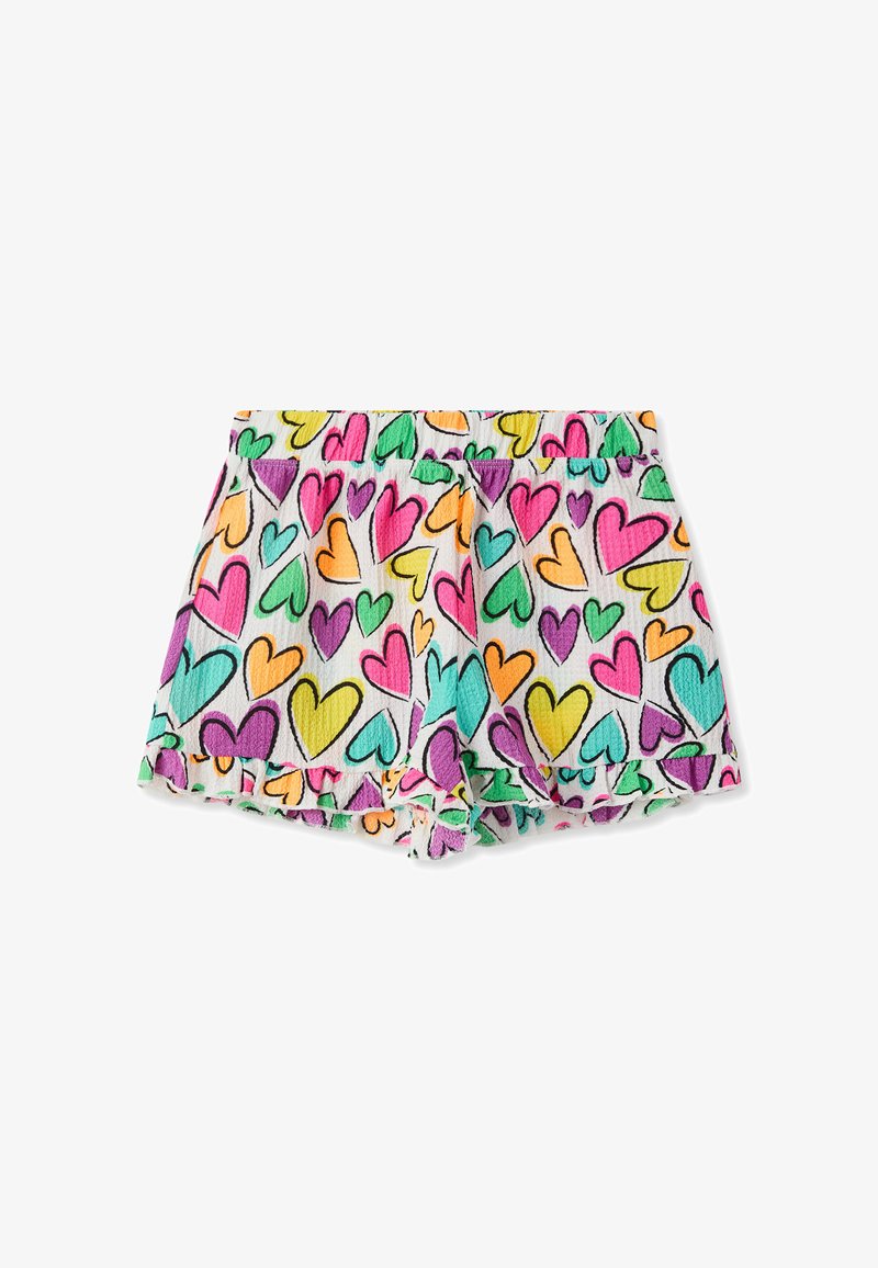 Pantaloni corti colorati con uno sfondo bianco decorato da una varietà di forme a cuore nei colori rosa, viola, verde, arancione e blu. Vita elastica.