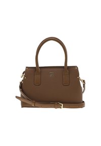Sac à main synthétique marron avec deux poignées supérieures et une bandoulière amovible. Présente un logo monogrammé et des accents en métal doré.