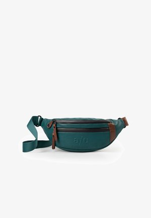 Marsupio turchese con tracolla regolabile, due tasche con cerniera, dettagli in pelle marrone e logo "a/u" impresso sulla parte anteriore.