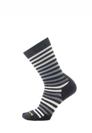 Herren-Socken mit einer Mischung aus dunkelgrauen, schwarzen und weißen horizontalen Streifen. Hergestellt aus einem weichen, dehnbaren Material. Verstärkte Ferse und Zehen.