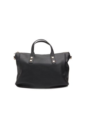 Black leather handbag with a soft texture, two short handles, gold-tone hardware accents, zip closure, and a structured shape.
