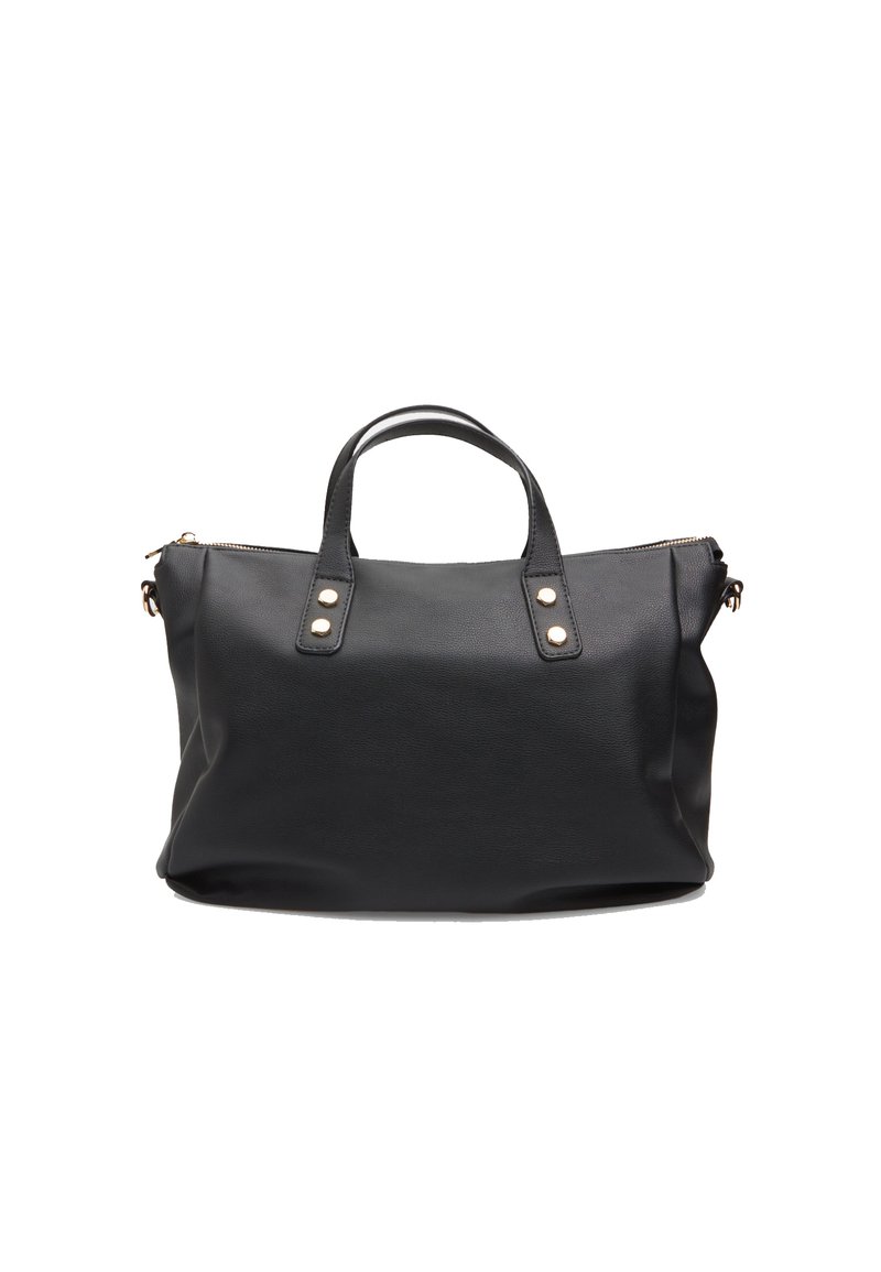 Borsa in pelle nera con texture morbida, due manici corti, dettagli in metallo dorato, chiusura con zip e forma strutturata.